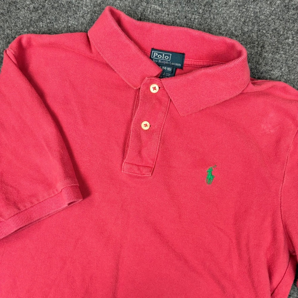 Polo Ralph Lauren Boy Pink Short Sleeve Pique Polo Shirt Size L 14-16 Green Pony